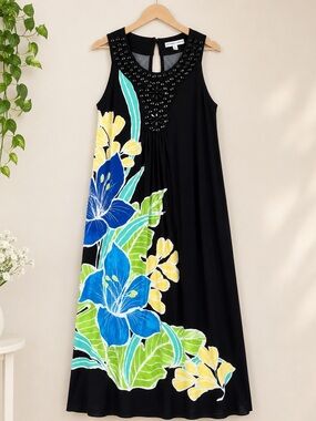 Sandra Darren Black Sleeveless Dress with Blue & Yellow Floral Print